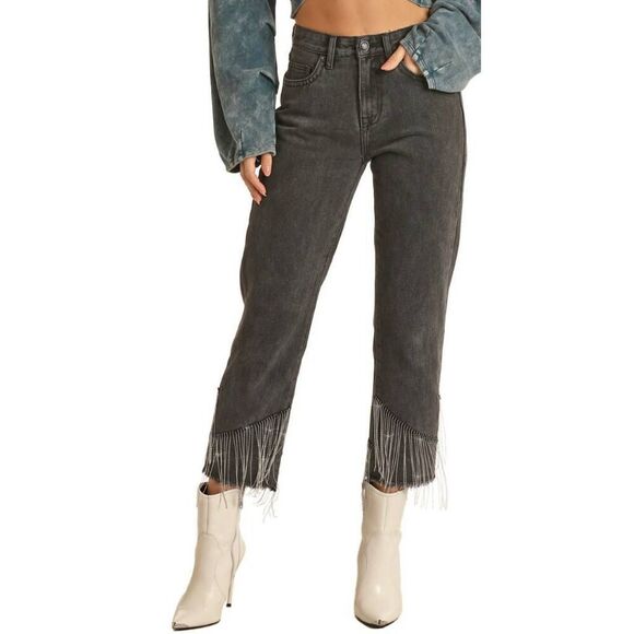 Rock & Roll Denim Ladies High Rise Chain Fringe Straight Cropped Jeans - Picture 1 of 6